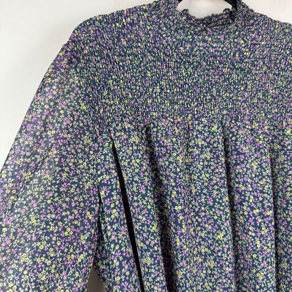 Boden Smocked Yoke Mini Dress Women's 20 Blue Pleated Tie Belt Cuff Sleeve Boho - Picture 4 of 10